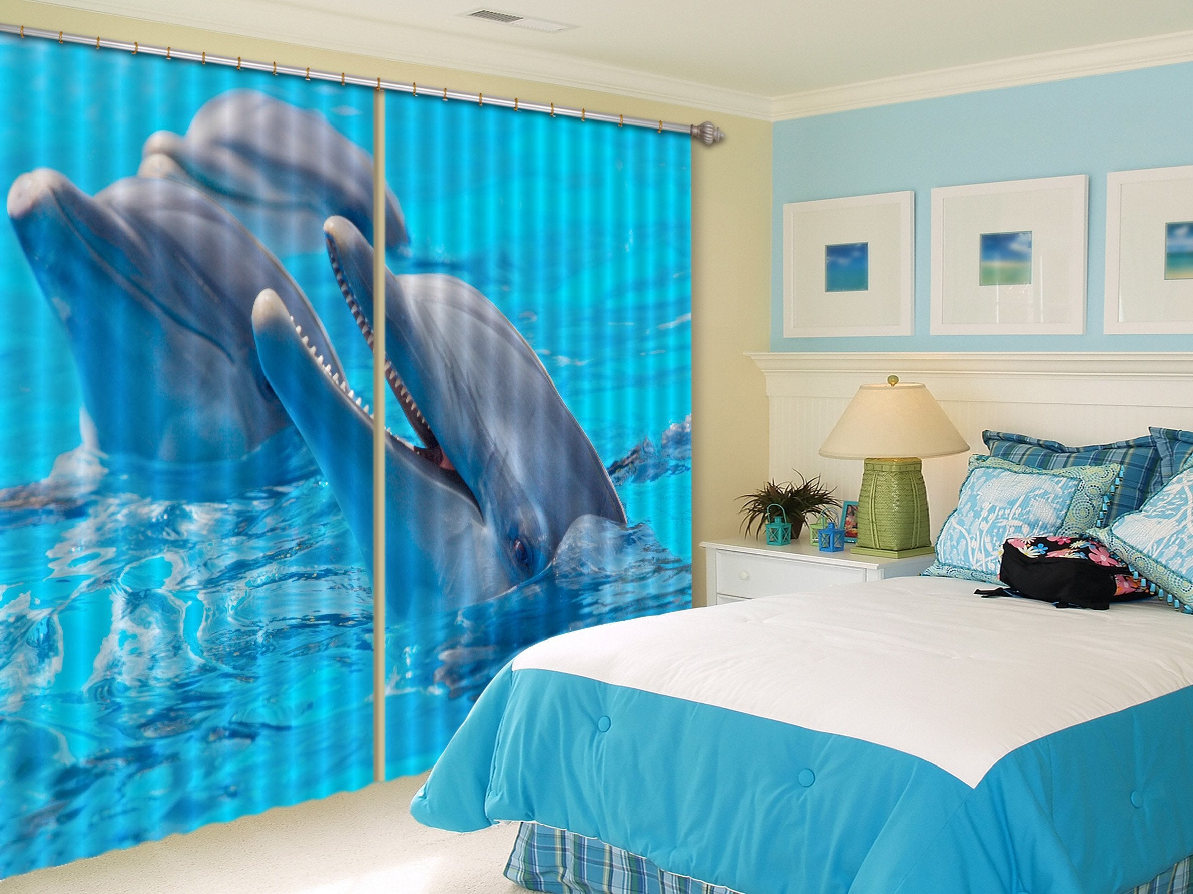 3D Sea Smiling Dolphins 151 Curtains Drapes Wallpaper AJ Wallpaper 