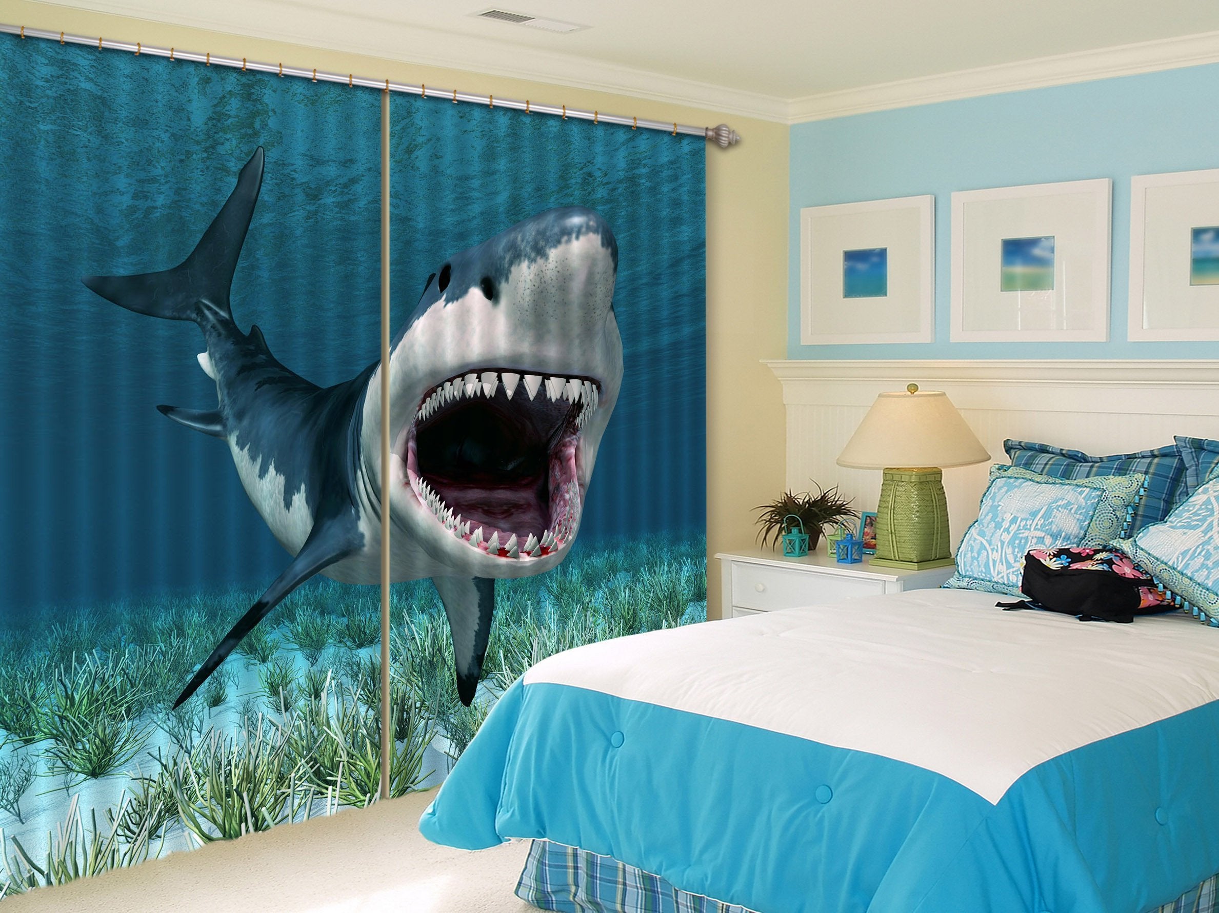 3D Sea Shark 414 Curtains Drapes Wallpaper AJ Wallpaper 