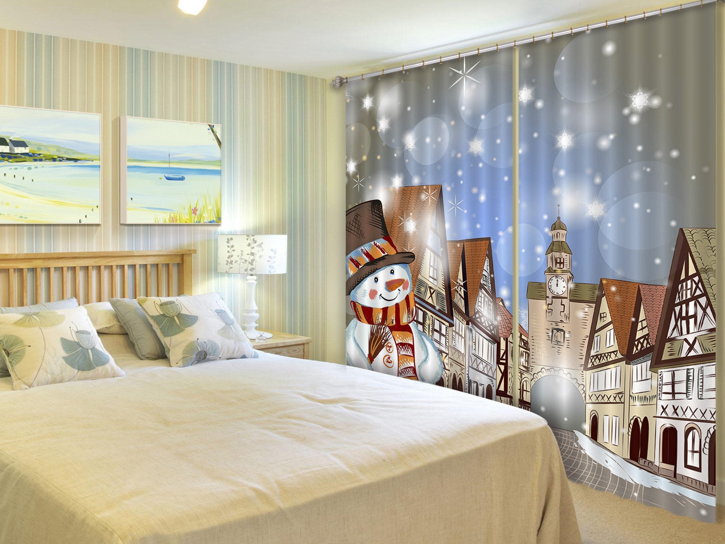 3D Snowflake Clock Tower 60 Curtains Drapes Curtains AJ Creativity Home 