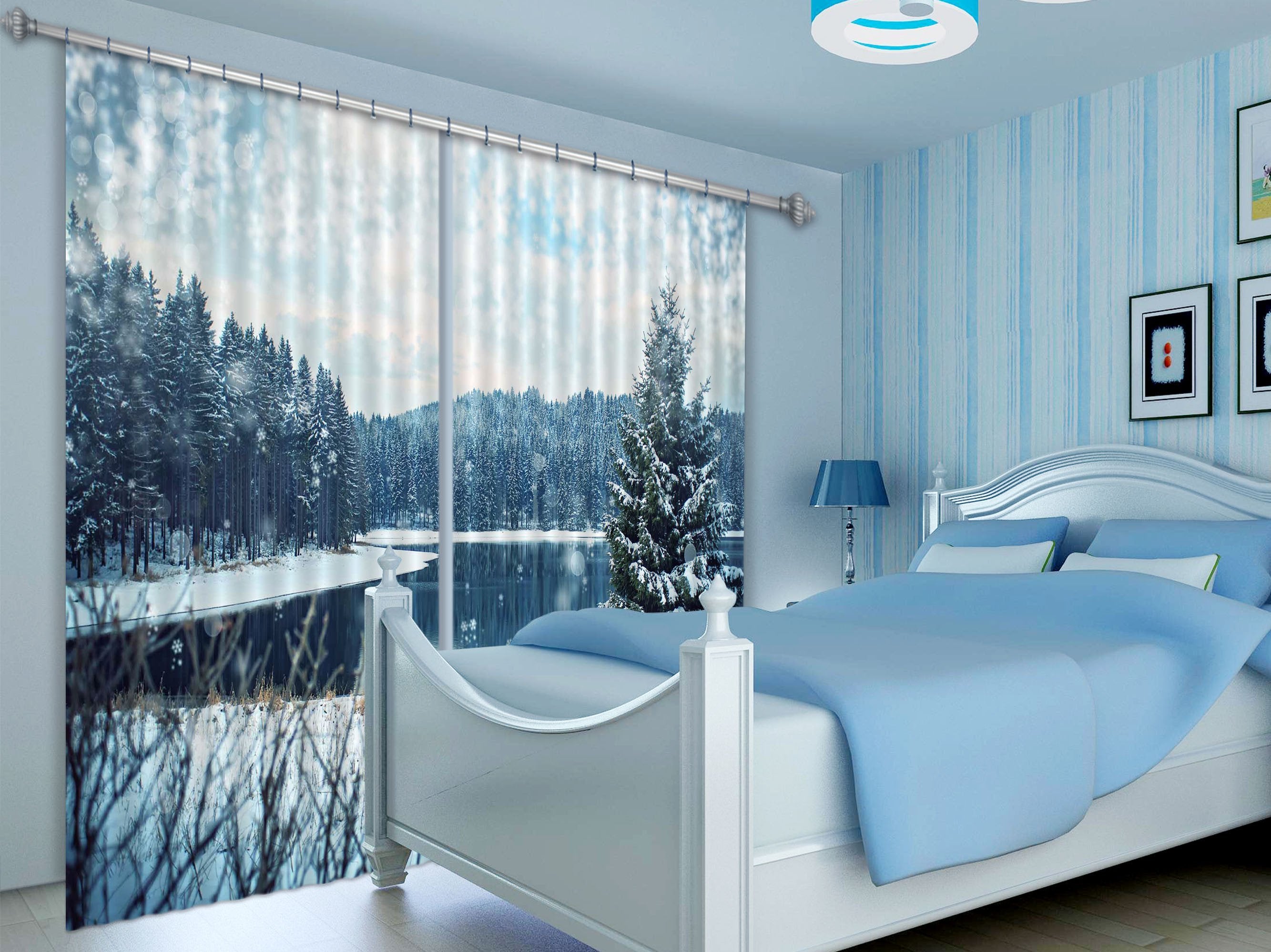 3D Snowing Forest Lake 402 Curtains Drapes Wallpaper AJ Wallpaper 