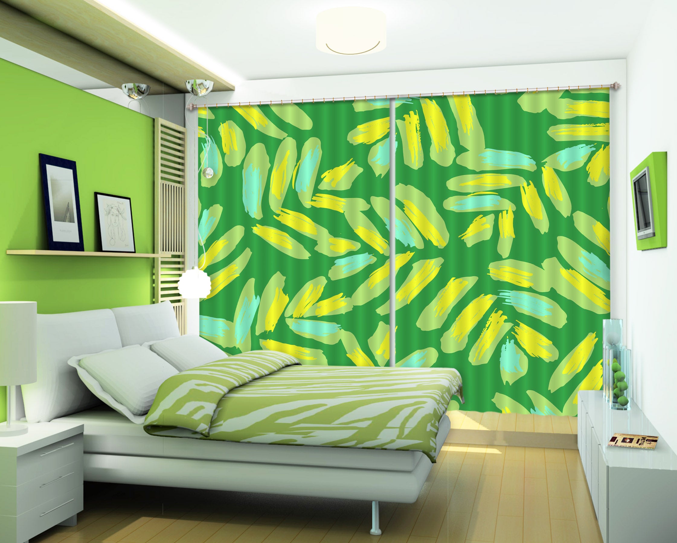 3D Green Yellow Strip 11166 Kashmira Jayaprakash Curtain Curtains Drapes