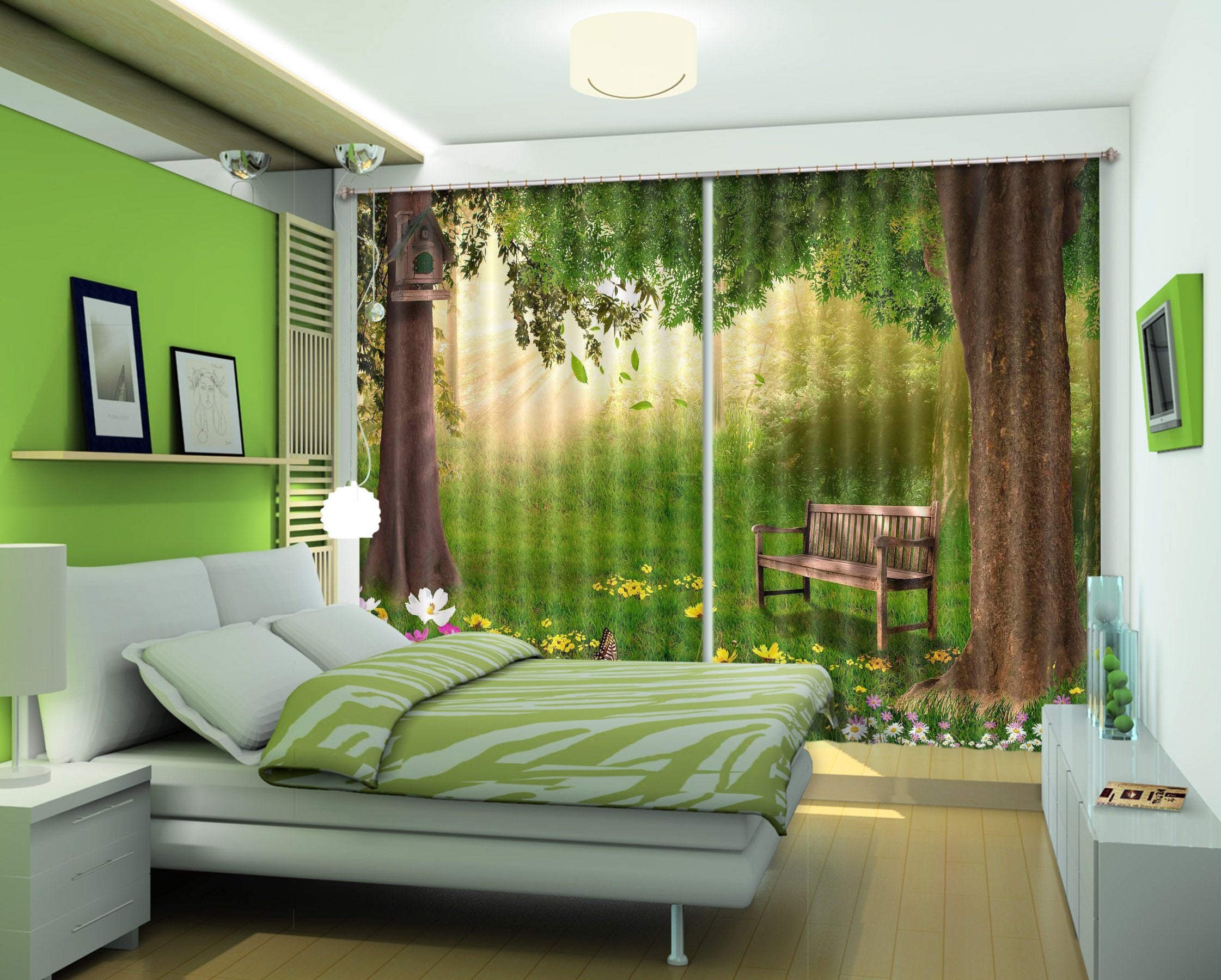3D Under Trees Bench 361 Curtains Drapes Wallpaper AJ Wallpaper 