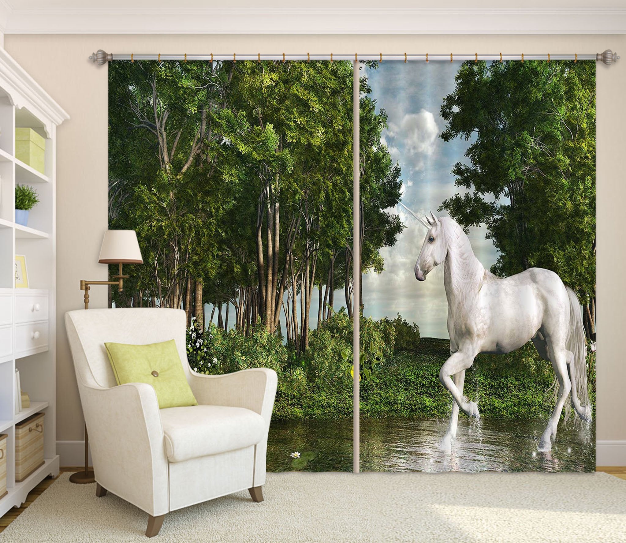 3D Forest Tread Water Unicorn 075 Curtains Drapes Curtains AJ Creativity Home 
