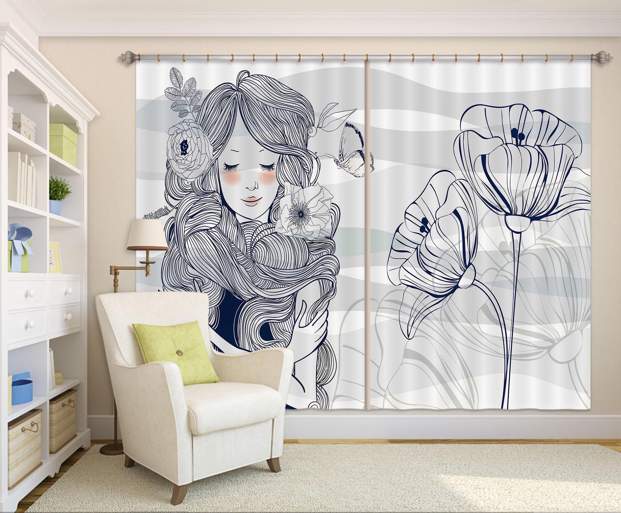 3D Lotus Girl 718 Curtains Drapes
