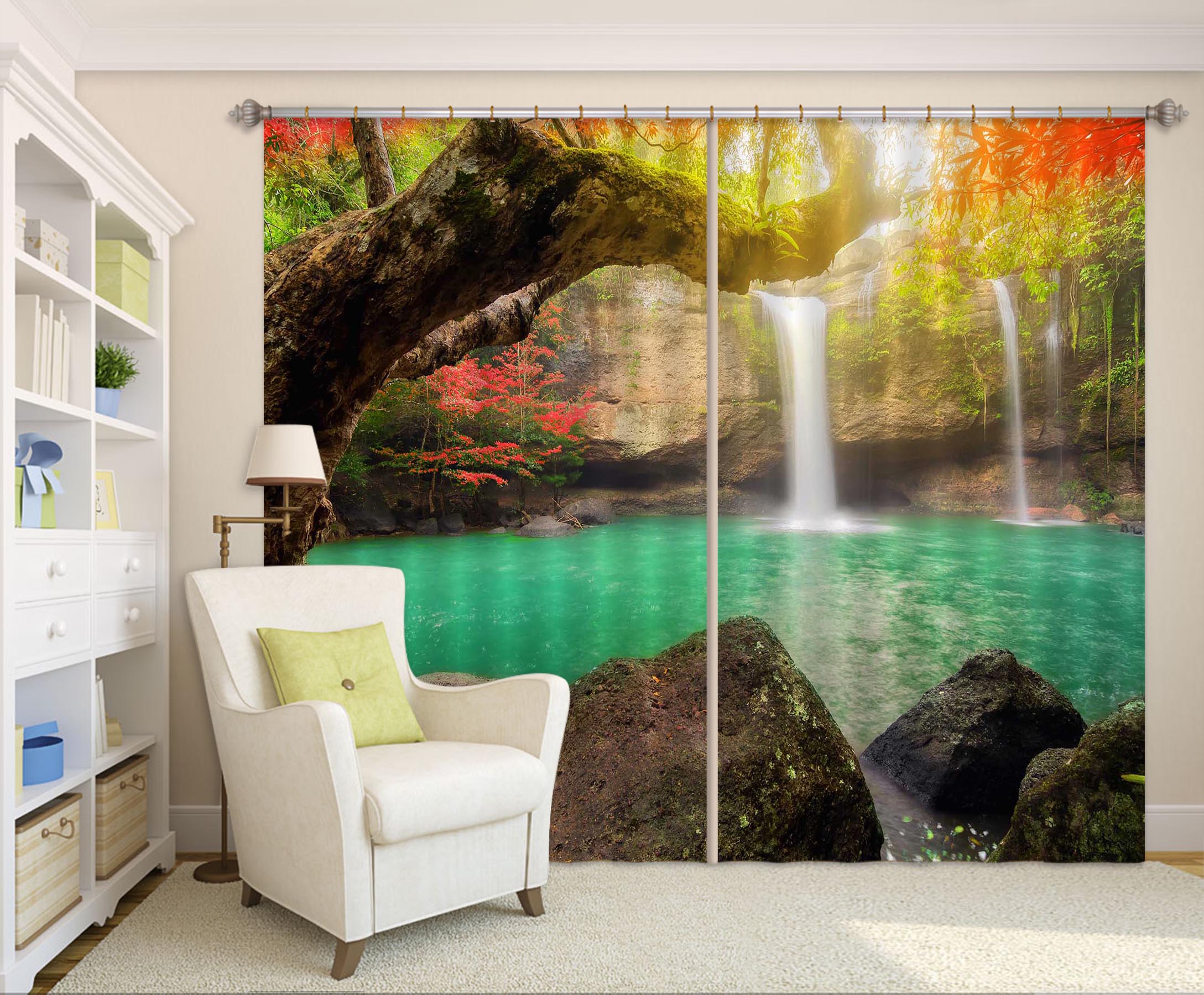 3D Sunset Waterfall 845 Curtains Drapes