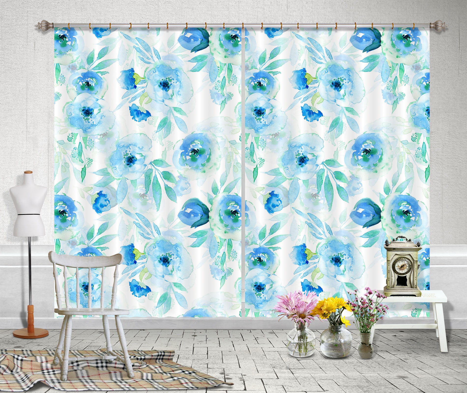 3D Blue Flower 238 Uta Naumann Curtain Curtains Drapes