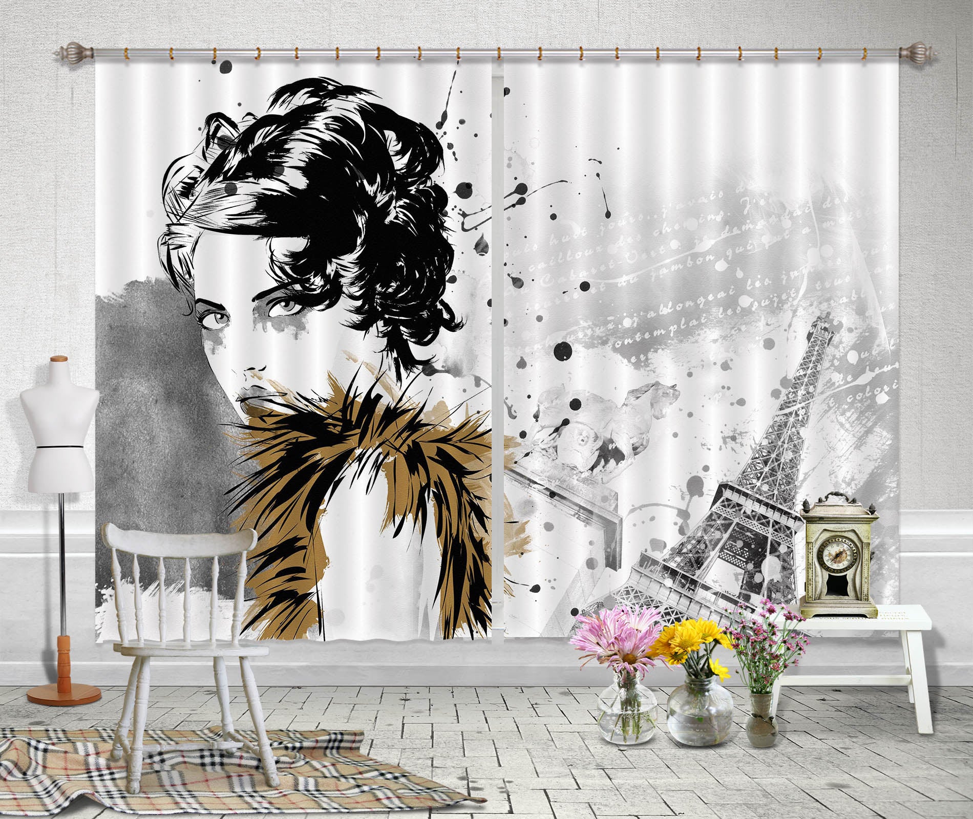 3D Sketch Girl 765 Curtains Drapes
