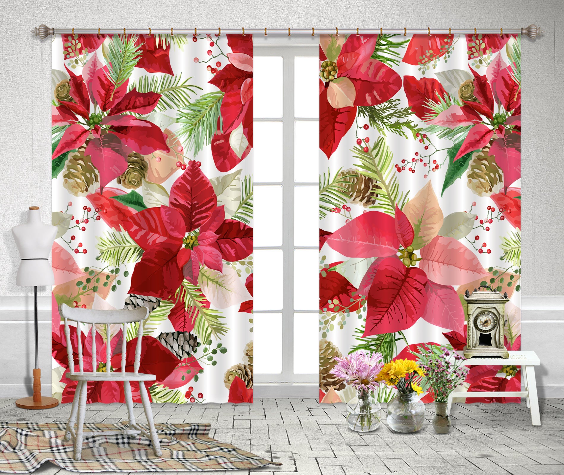 3D Red Leaves Flowers 53094 Christmas Curtains Drapes Xmas