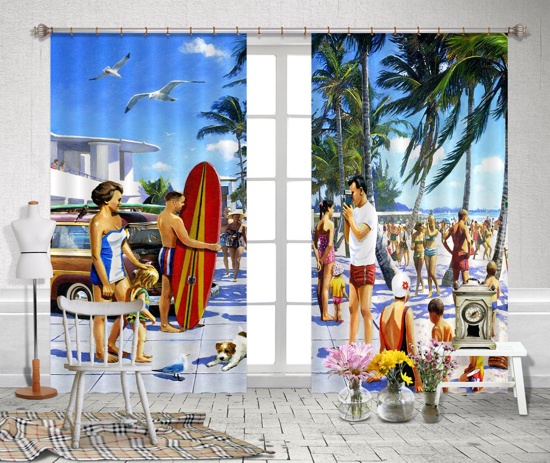 3D Beach Surfboard Tree 152 Kevin Walsh Curtain Curtains Drapes