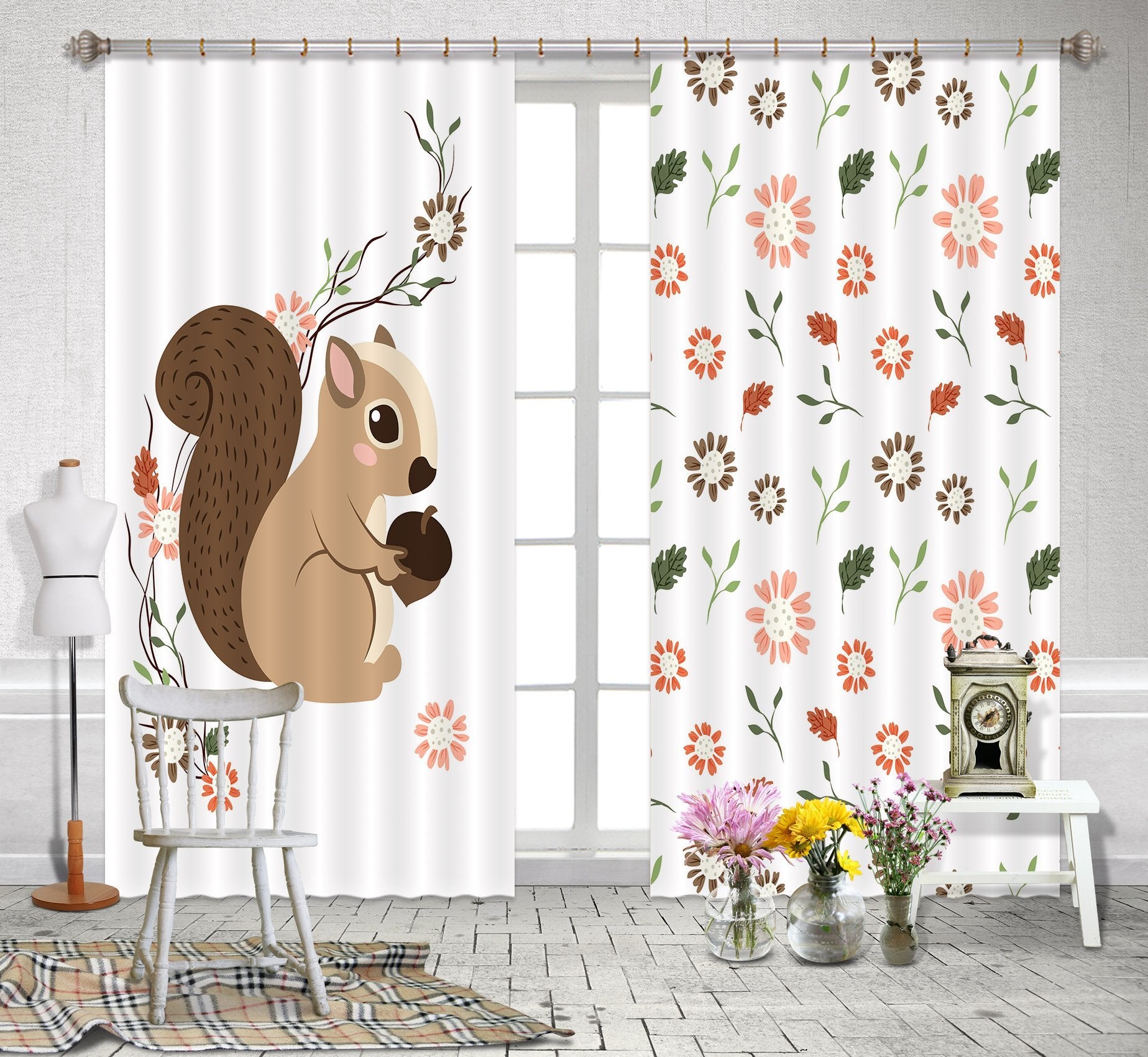 3D Squirrel And Flowers 2443 Curtains Drapes Wallpaper AJ Wallpaper 