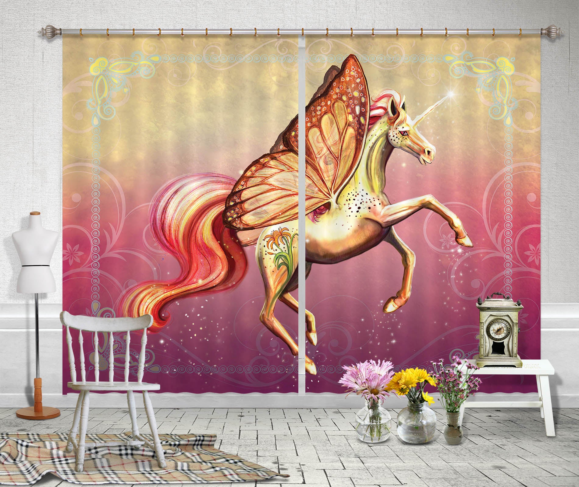3D Winged Unicorn 105 Rose Catherine Khan Curtain Curtains Drapes