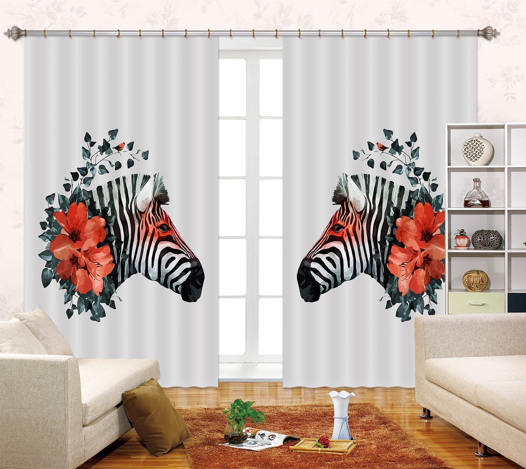 3D Zebras Flowers 2397 Curtains Drapes Wallpaper AJ Wallpaper 