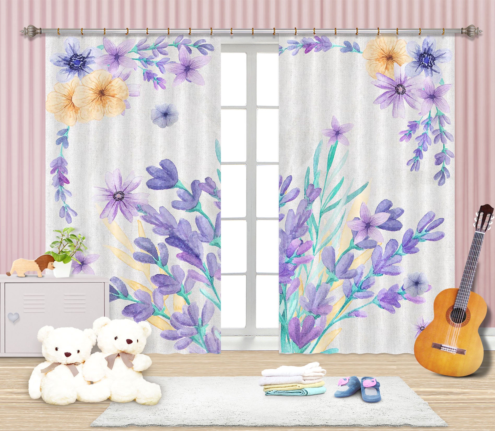 3D Purple Flowers 137 Curtains Drapes
