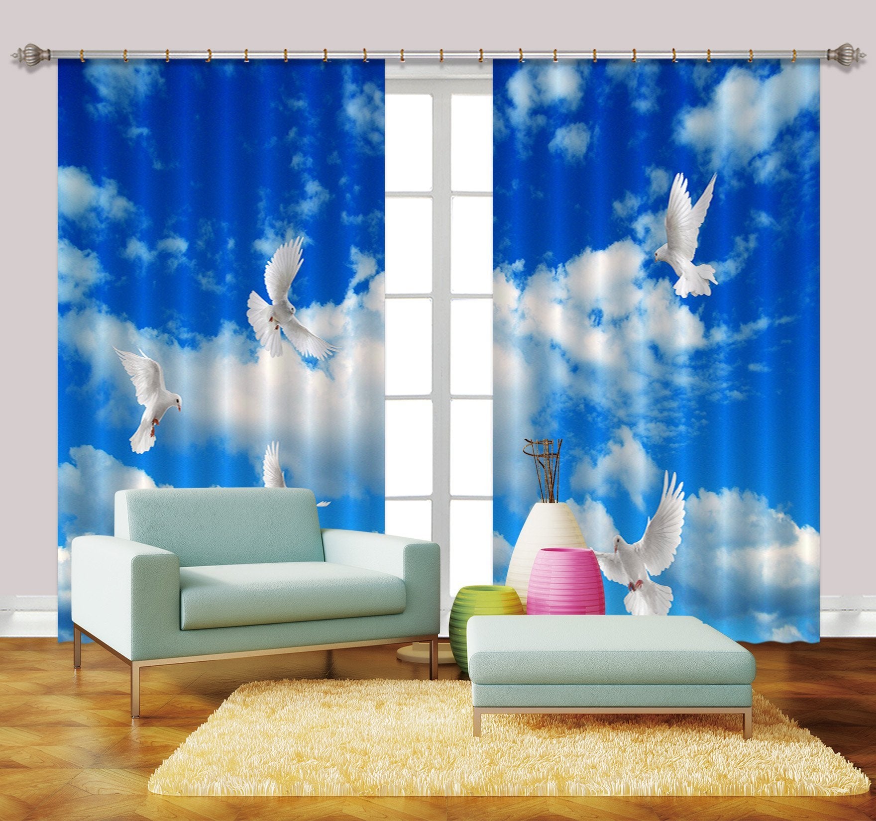 3D Blue Sky Clouds Birds 2233 Curtains Drapes Wallpaper AJ Wallpaper 