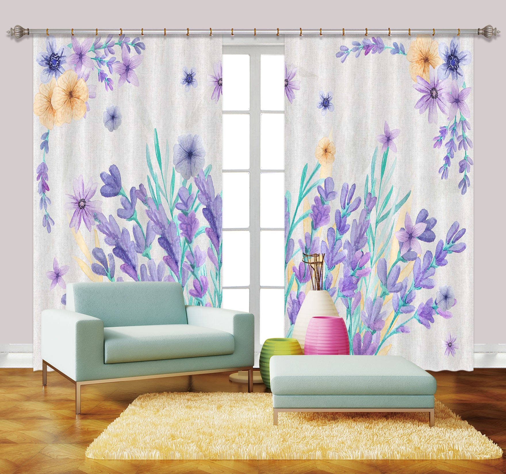 3D Purple Flowers 137 Curtains Drapes