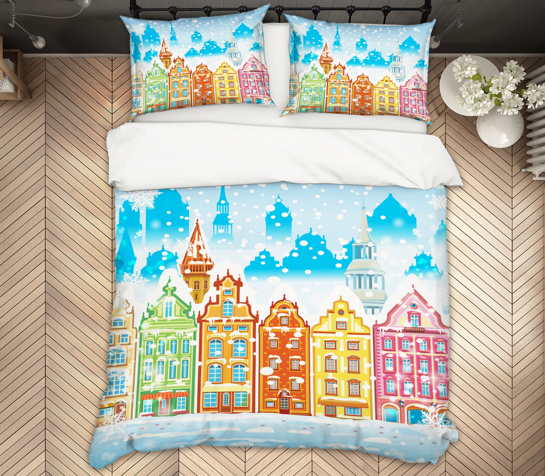 3D Colorful Houses Snow 52241 Christmas Quilt Duvet Cover Xmas Bed Pillowcases