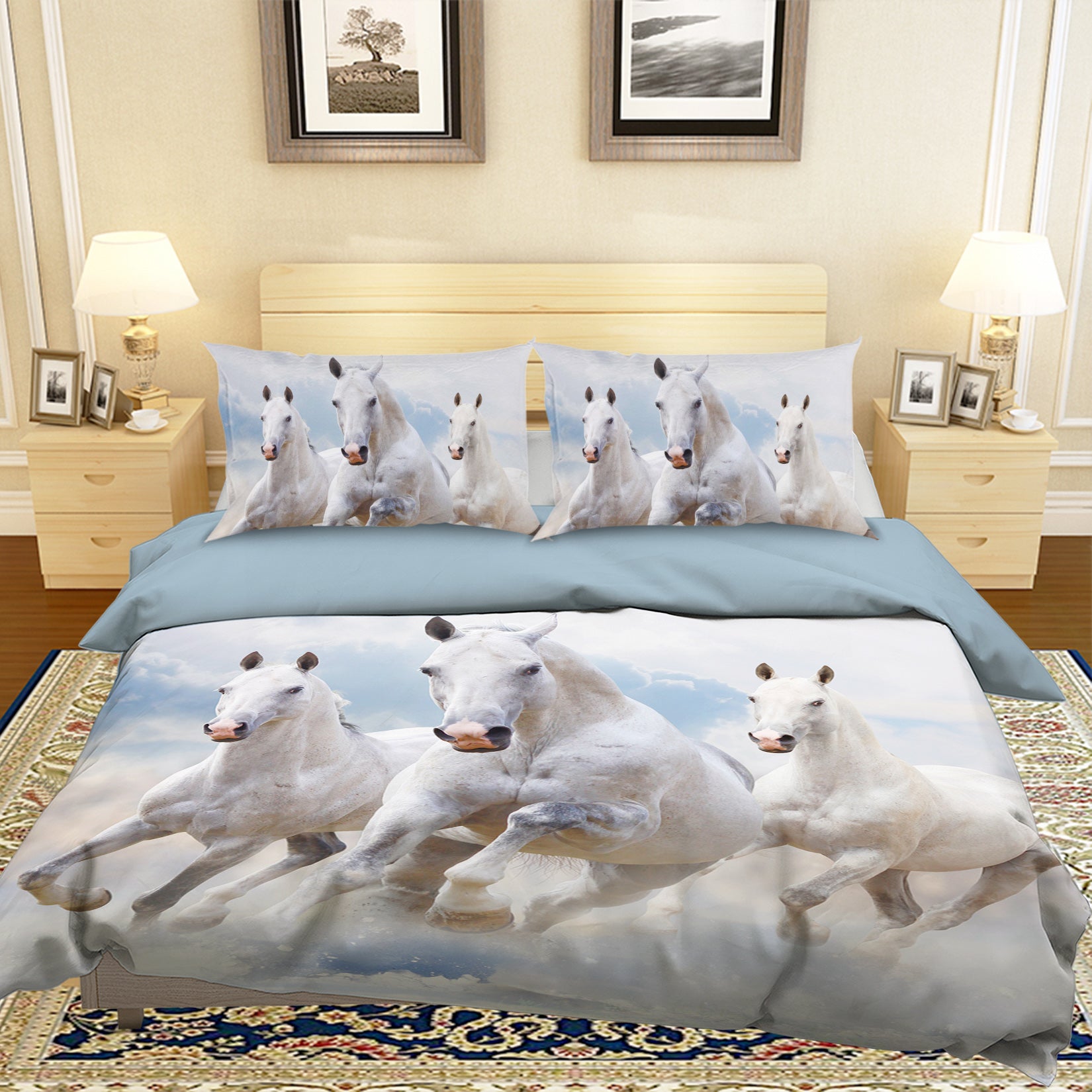 3D Running White Horse 066 Bed Pillowcases Quilt