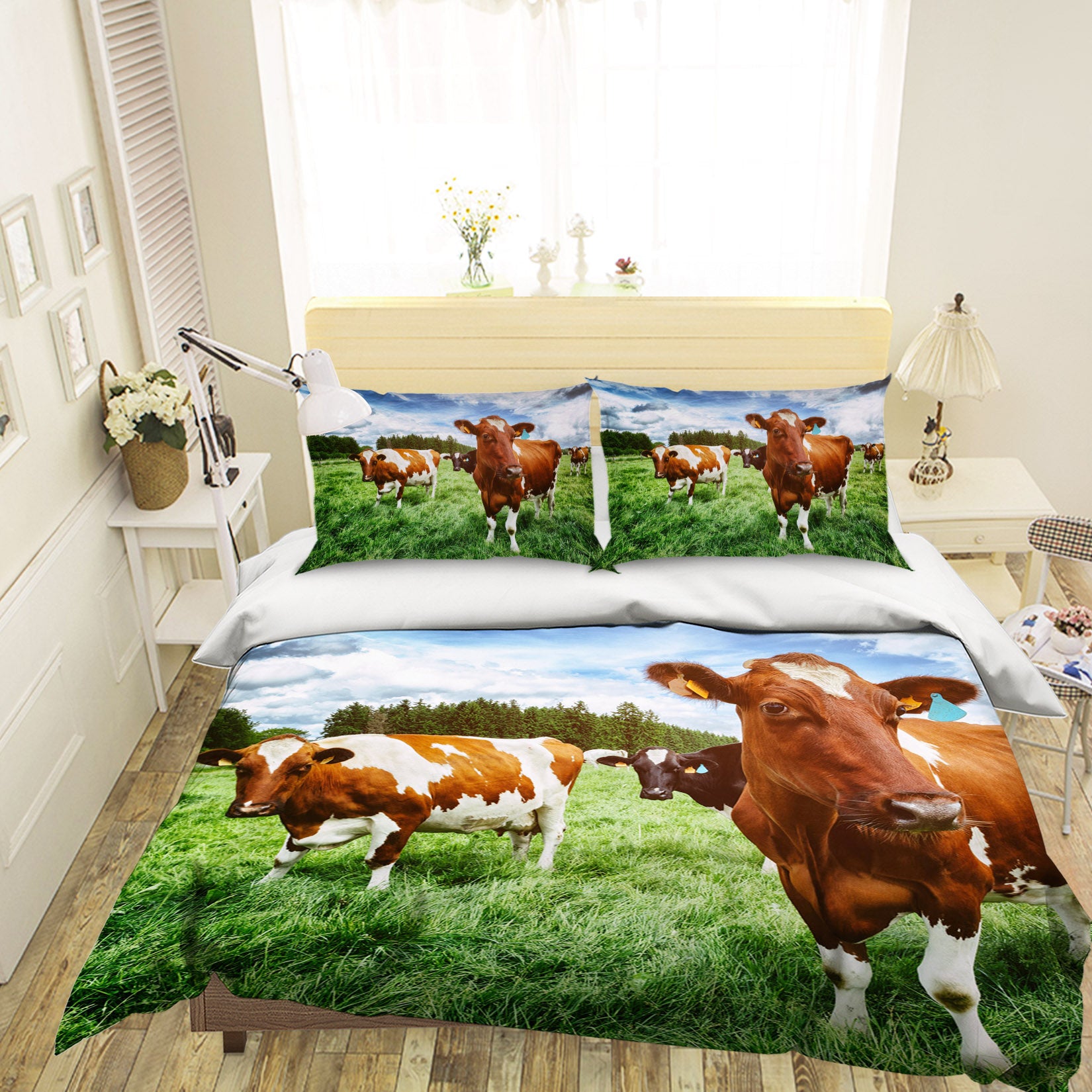 3D Red Cow Lawn 047 Bed Pillowcases Quilt