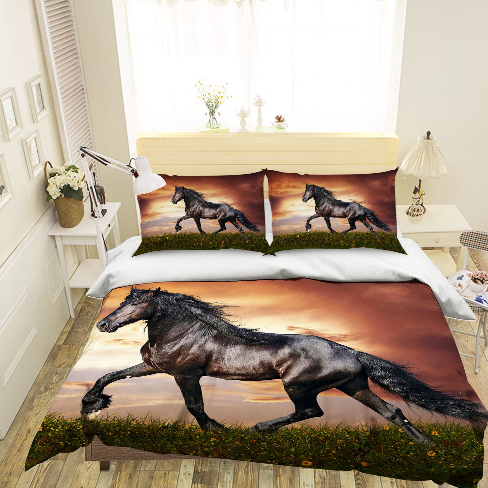 3D Lawn Black Horse 069 Bed Pillowcases Quilt