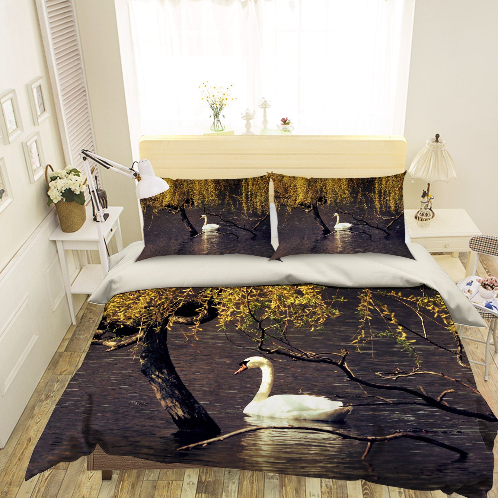 3D White Swan 1948 Bed Pillowcases Quilt
