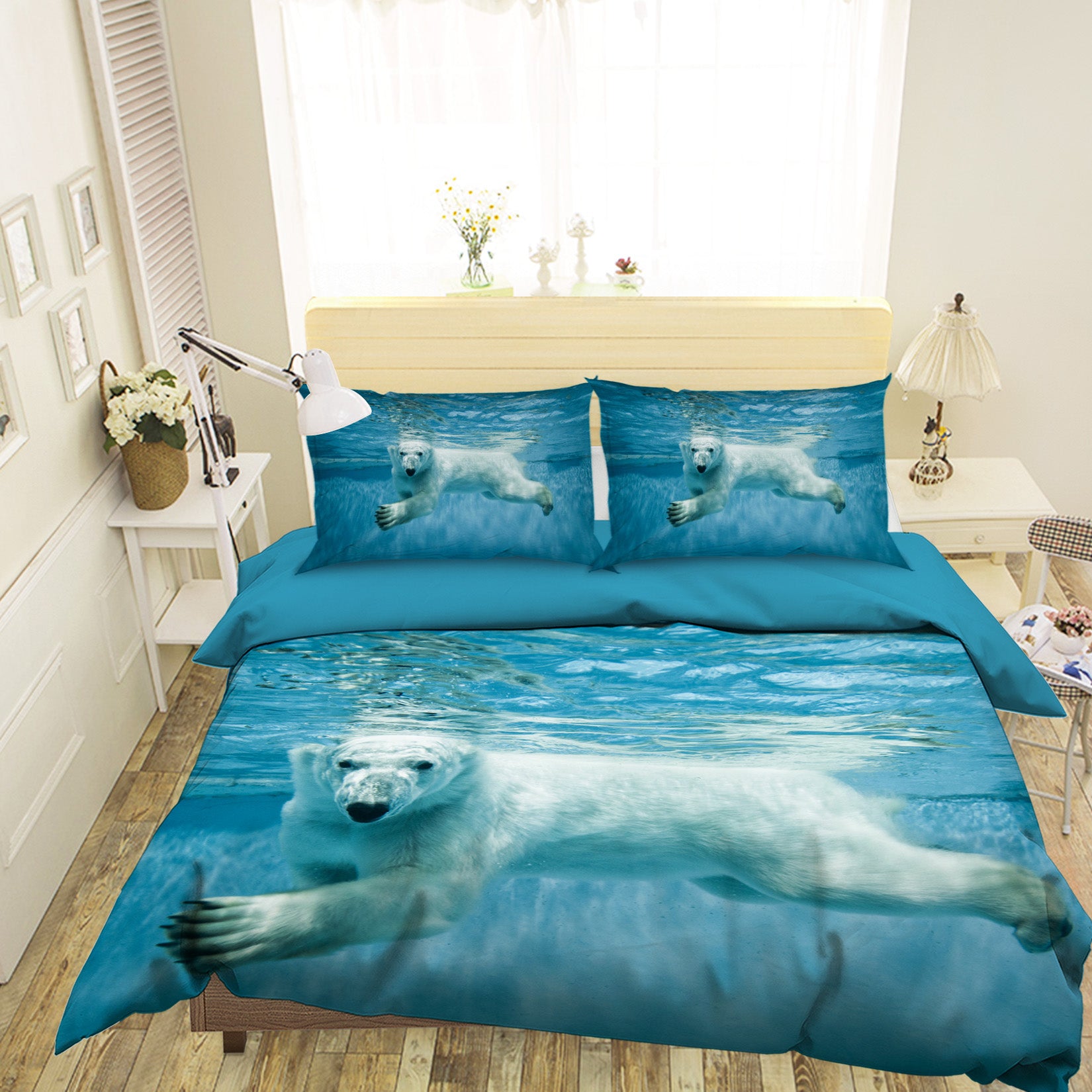 3D White Bear Swimming 102 Bed Pillowcases Quilt