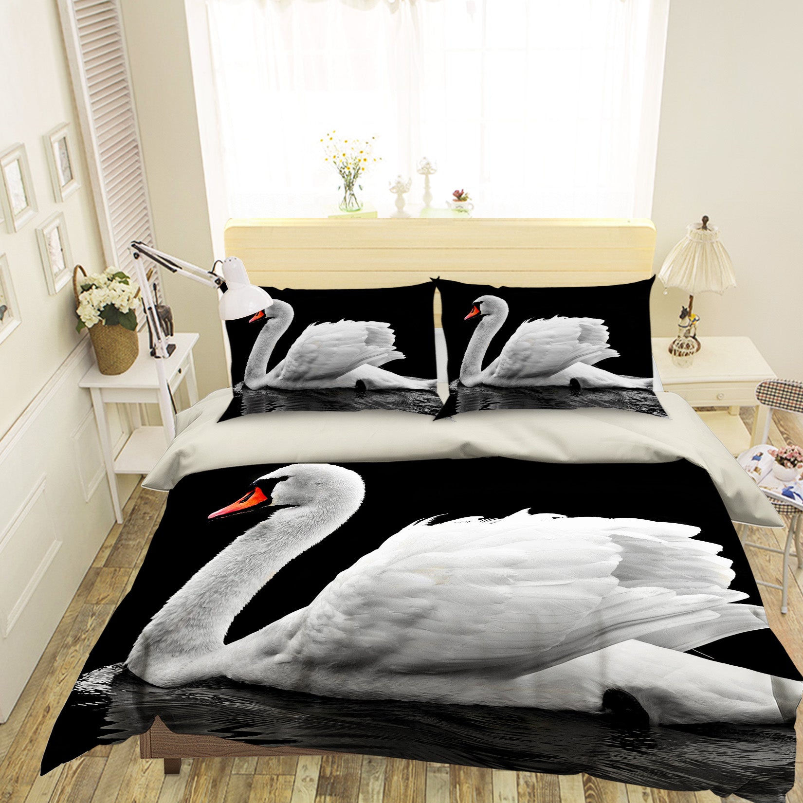 3D White Swan 1947 Bed Pillowcases Quilt