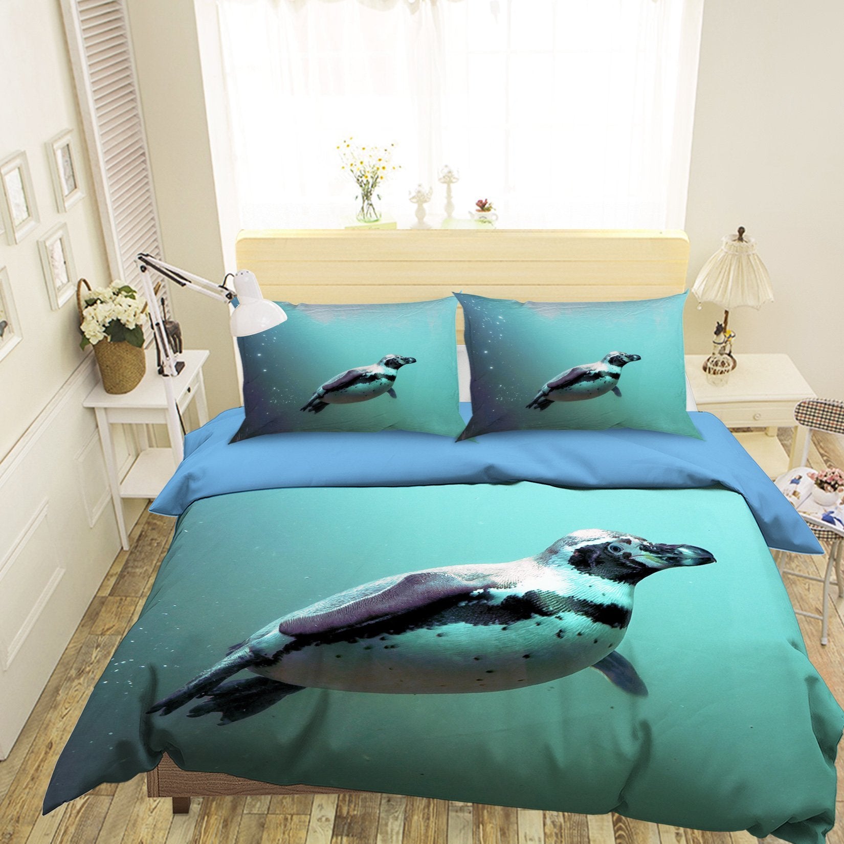 3D Swimming Penguin 1983 Bed Pillowcases Quilt Quiet Covers AJ Creativity Home 