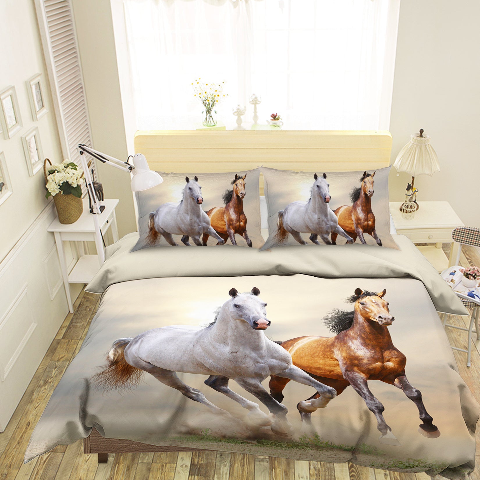 3D Sun White Horse 068 Bed Pillowcases Quilt