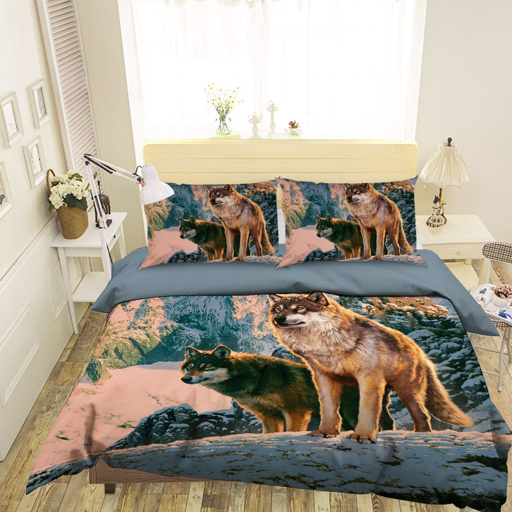 3D Wolf Couple In Sunset 102 Bed Pillowcases Quilt Exclusive Designer Vincent