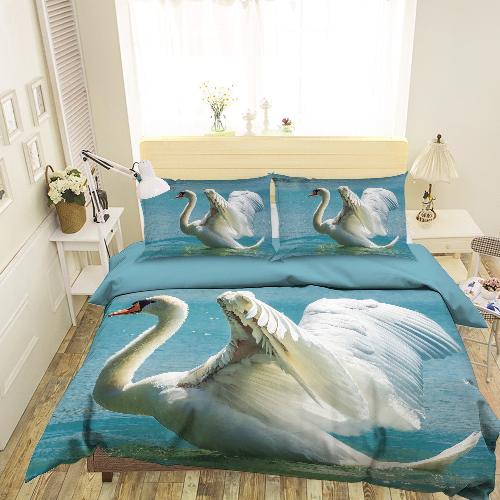 3D White Swan 1945 Bed Pillowcases Quilt
