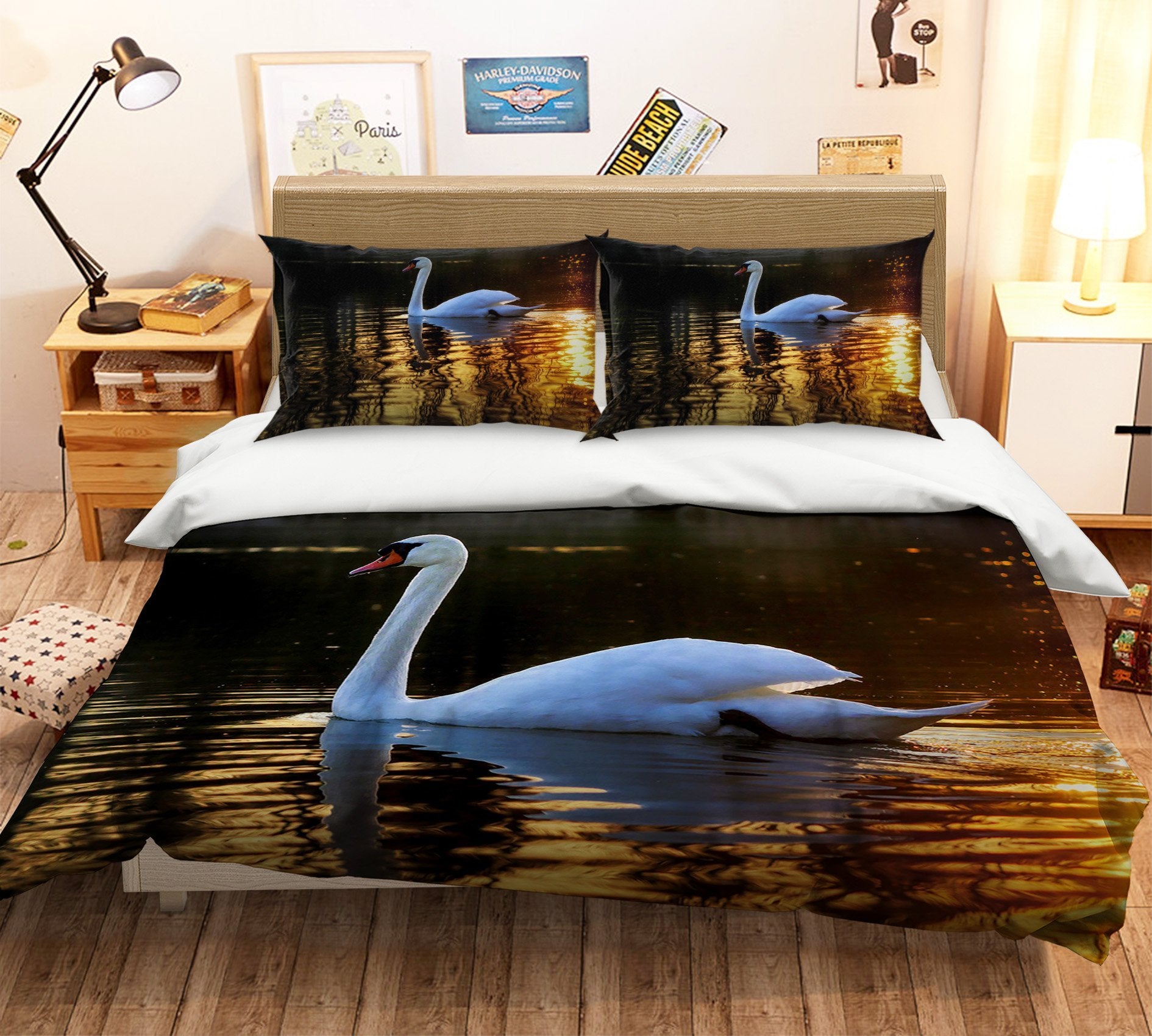 3D Swan Swimming 2000 Bed Pillowcases Quilt Quiet Covers AJ Creativity Home 