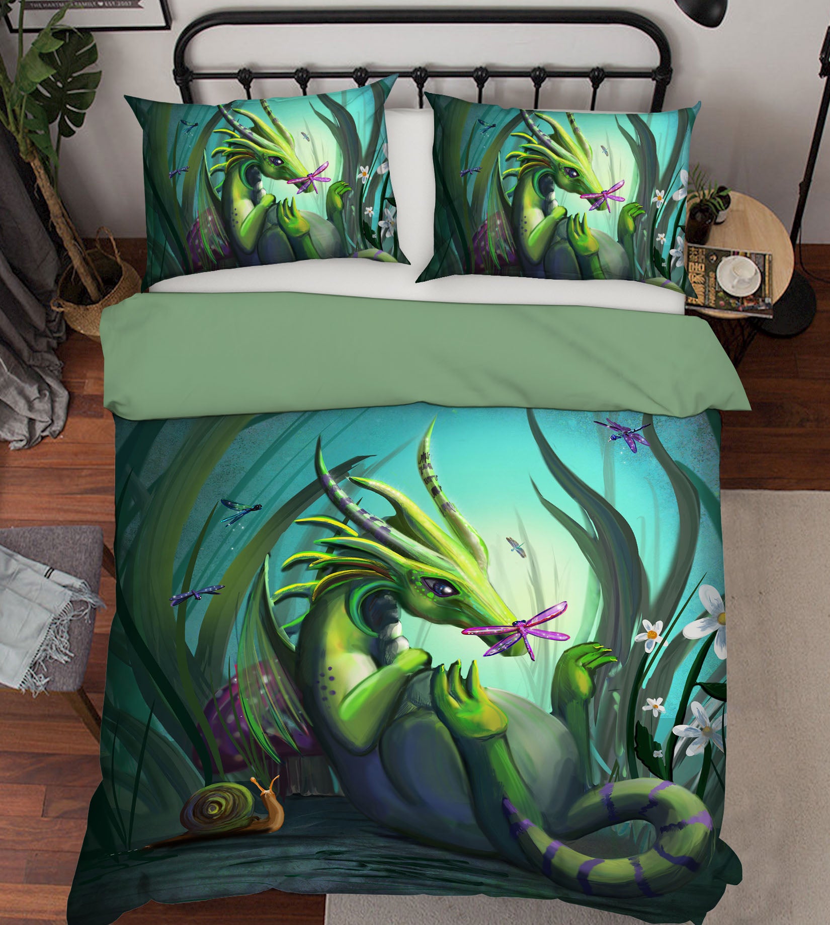3D Green Dragon 102 Rose Catherine Khan Bedding Bed Pillowcases Quilt