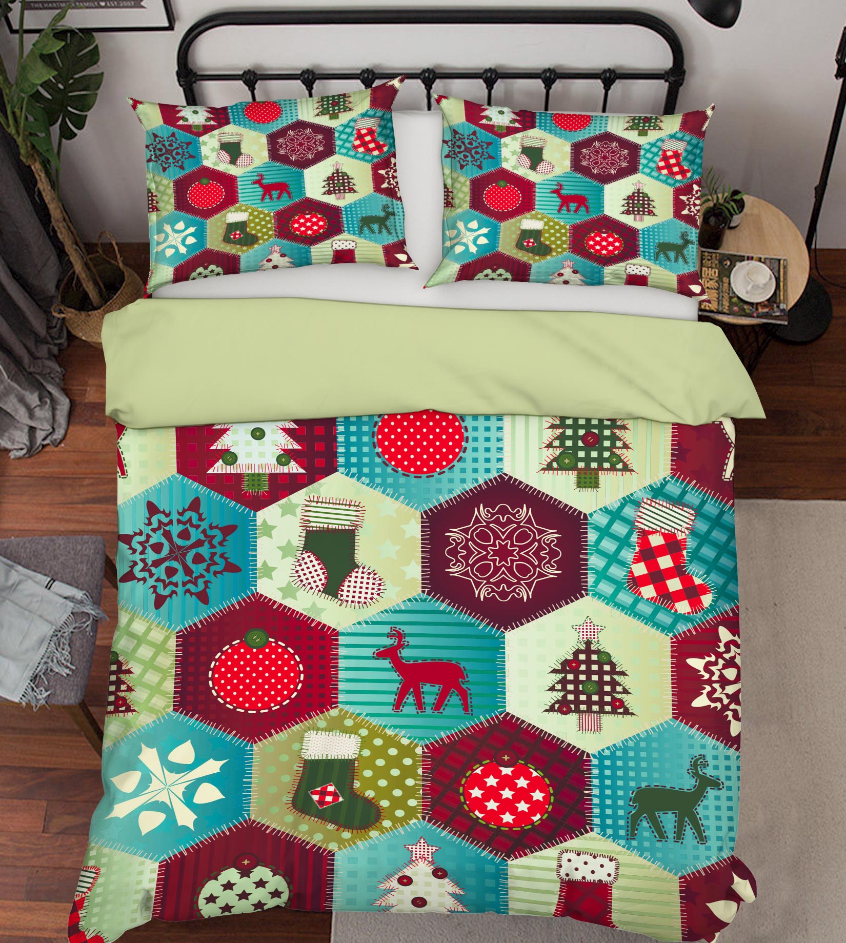 3D Deer Snowflake Hexagon Pattern 52138 Christmas Quilt Duvet Cover Xmas Bed Pillowcases