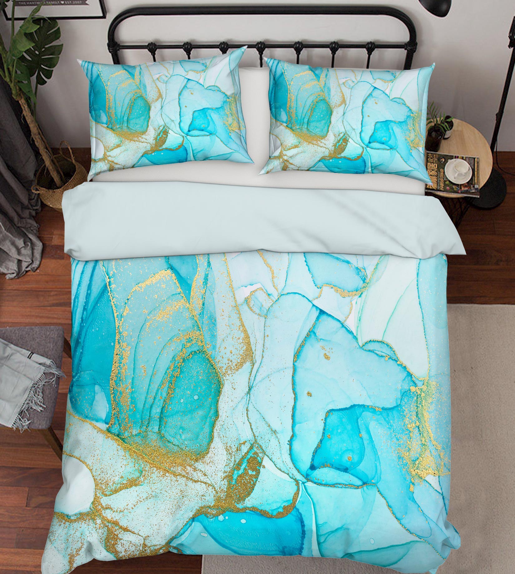 3D Light Blue Golden Texture 67110 Bed Pillowcases Quilt