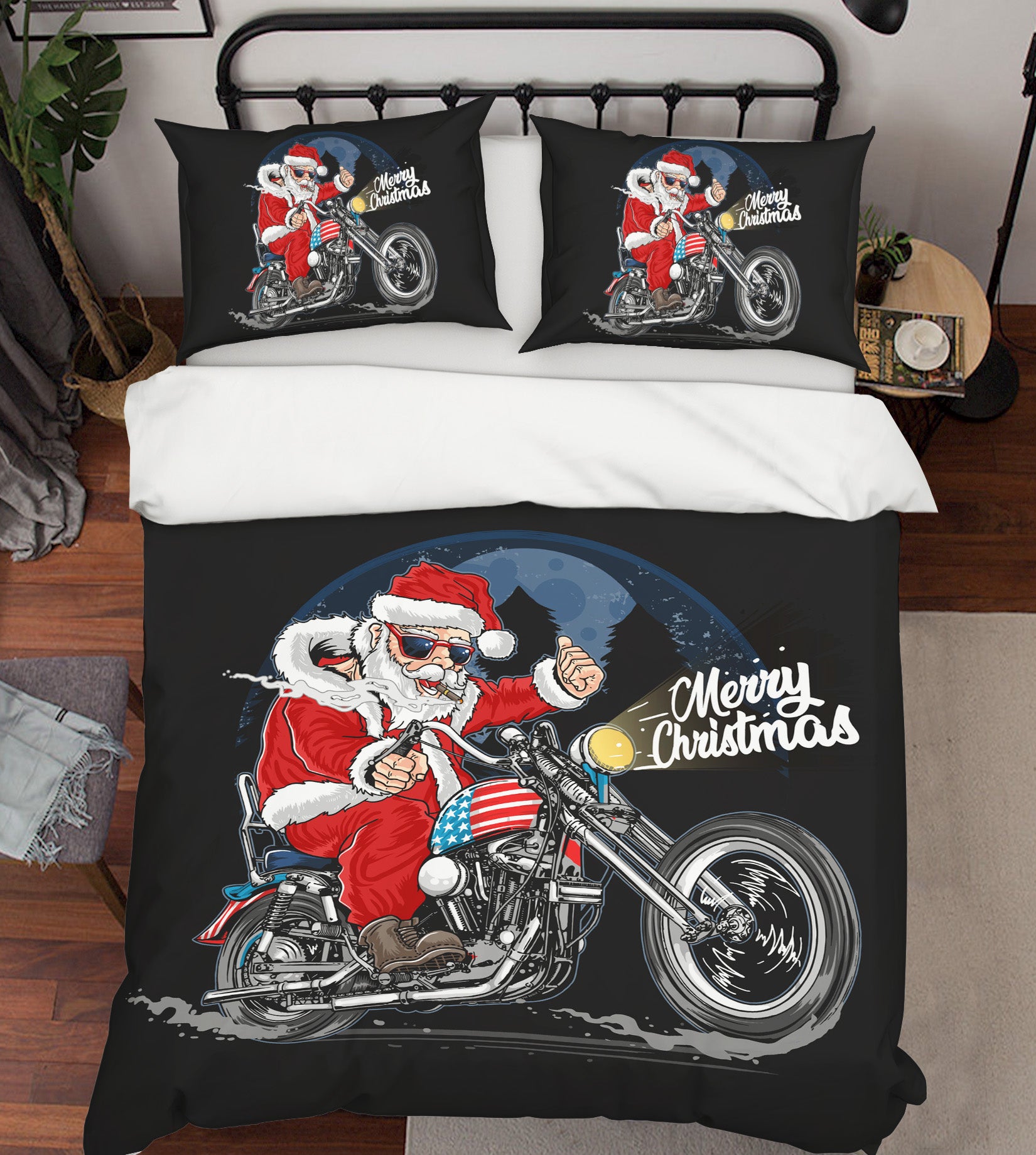 3D Santa Riding Motorcycle 64034 Bed Pillowcases Quilt