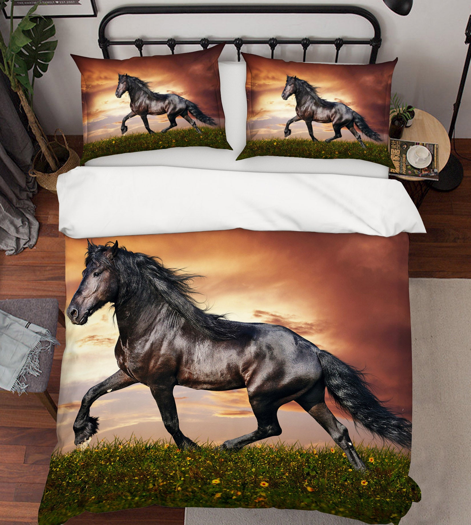 3D Lawn Black Horse 069 Bed Pillowcases Quilt