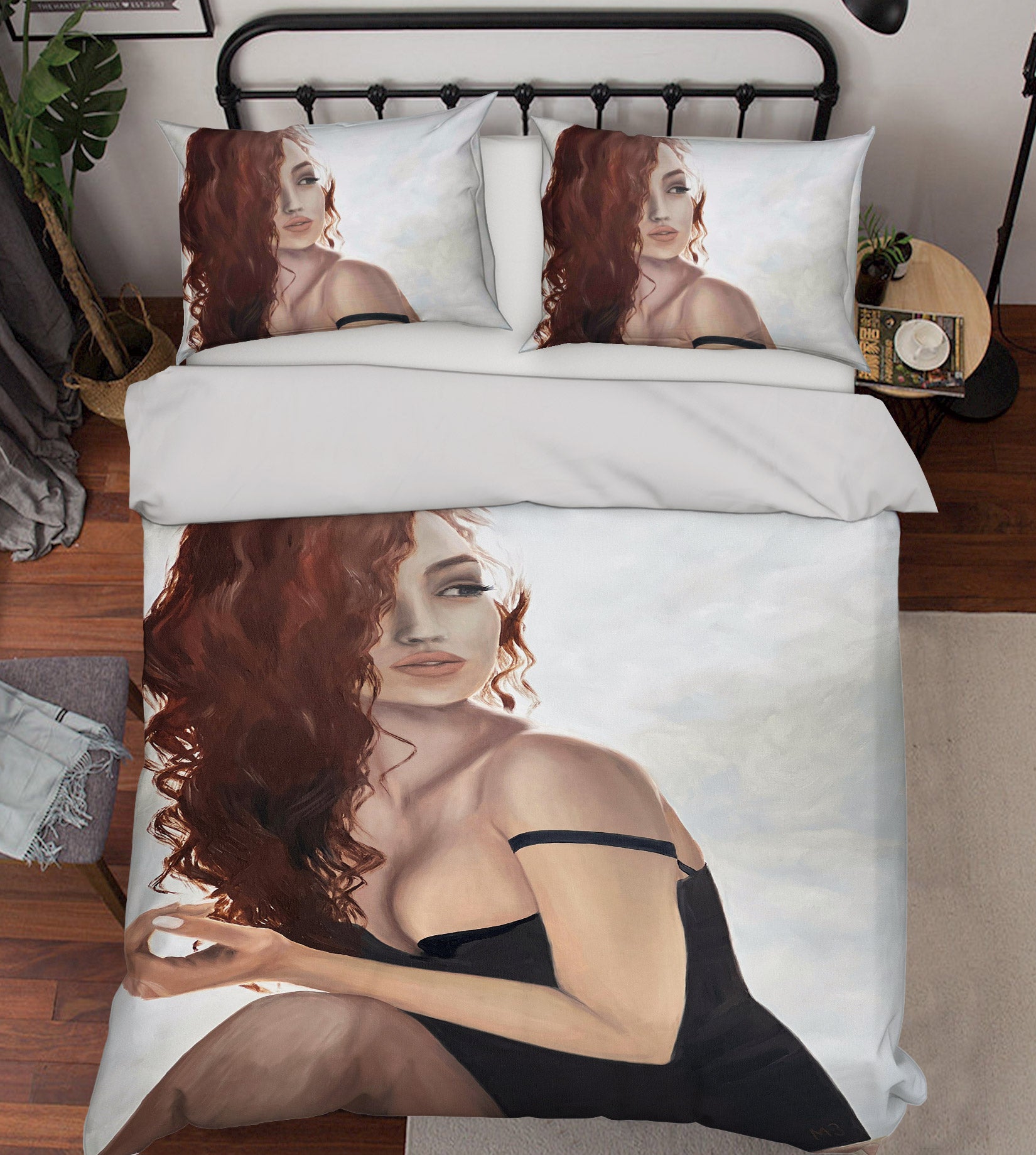 3D Woman Red Curly Hair Black Dress 9792 Marina Zotova Bedding Bed Pillowcases Quilt