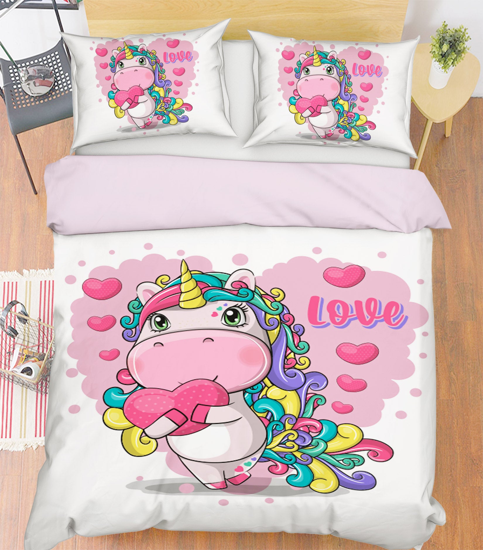 3D Pink Heart Unicorn 67011 Bed Pillowcases Quilt