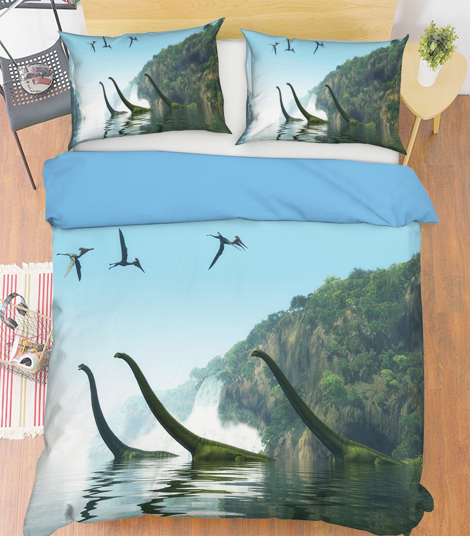 3D Brontosaurus Cross The River 082 Bed Pillowcases Quilt Wallpaper AJ Wallpaper 