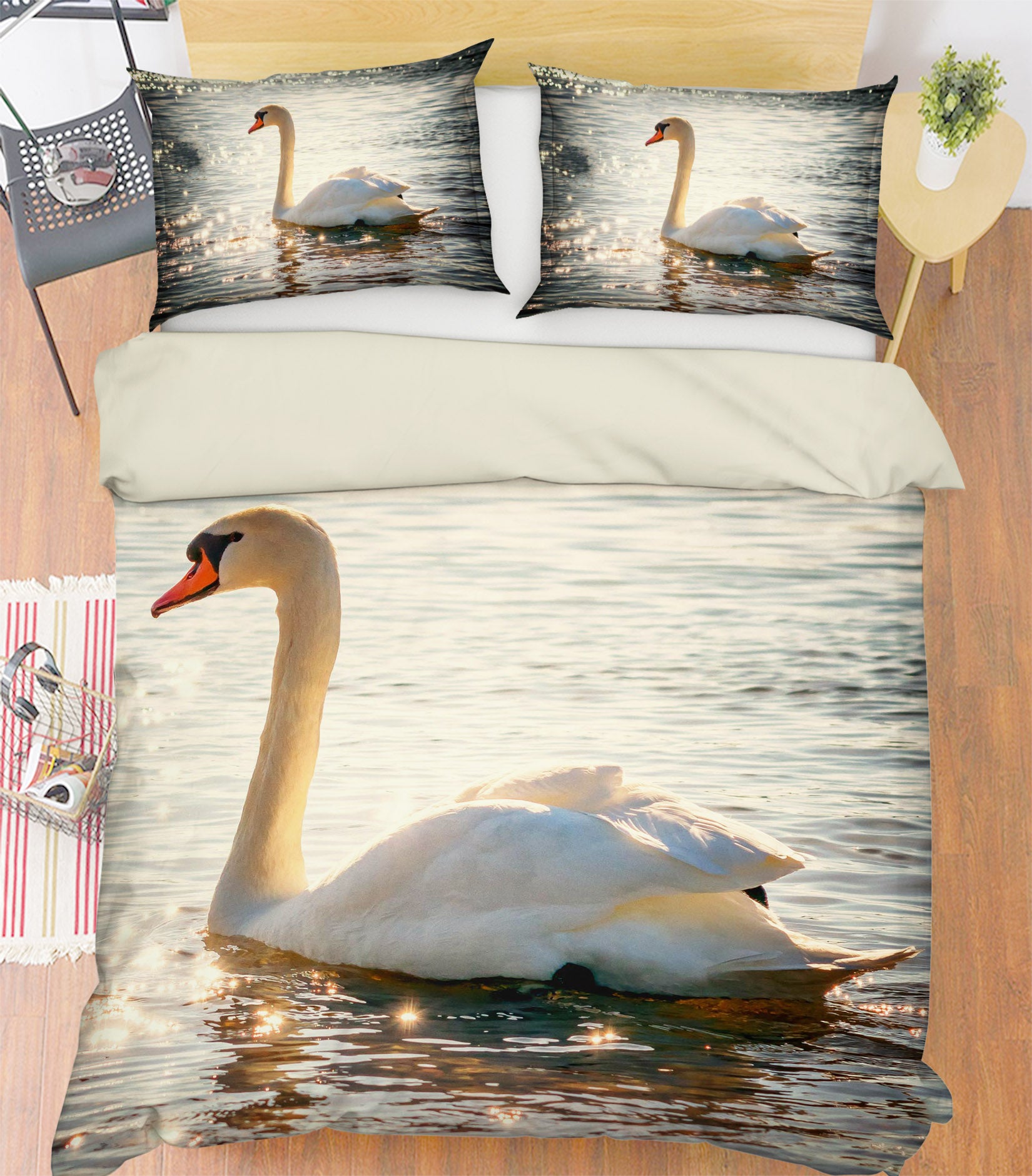 3D White Swan 1946 Bed Pillowcases Quilt