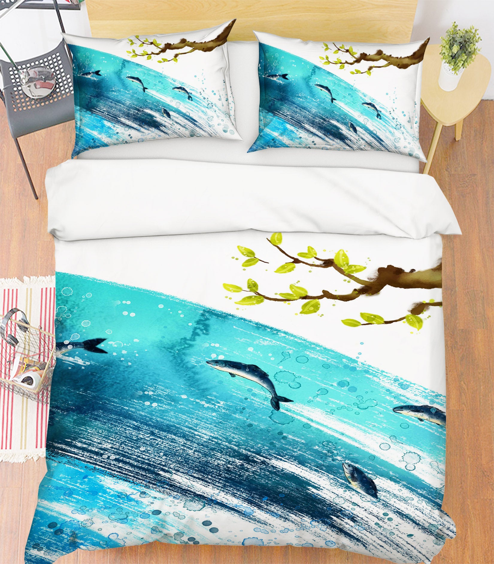 3D Fish Tree 008 Bed Pillowcases Quilt