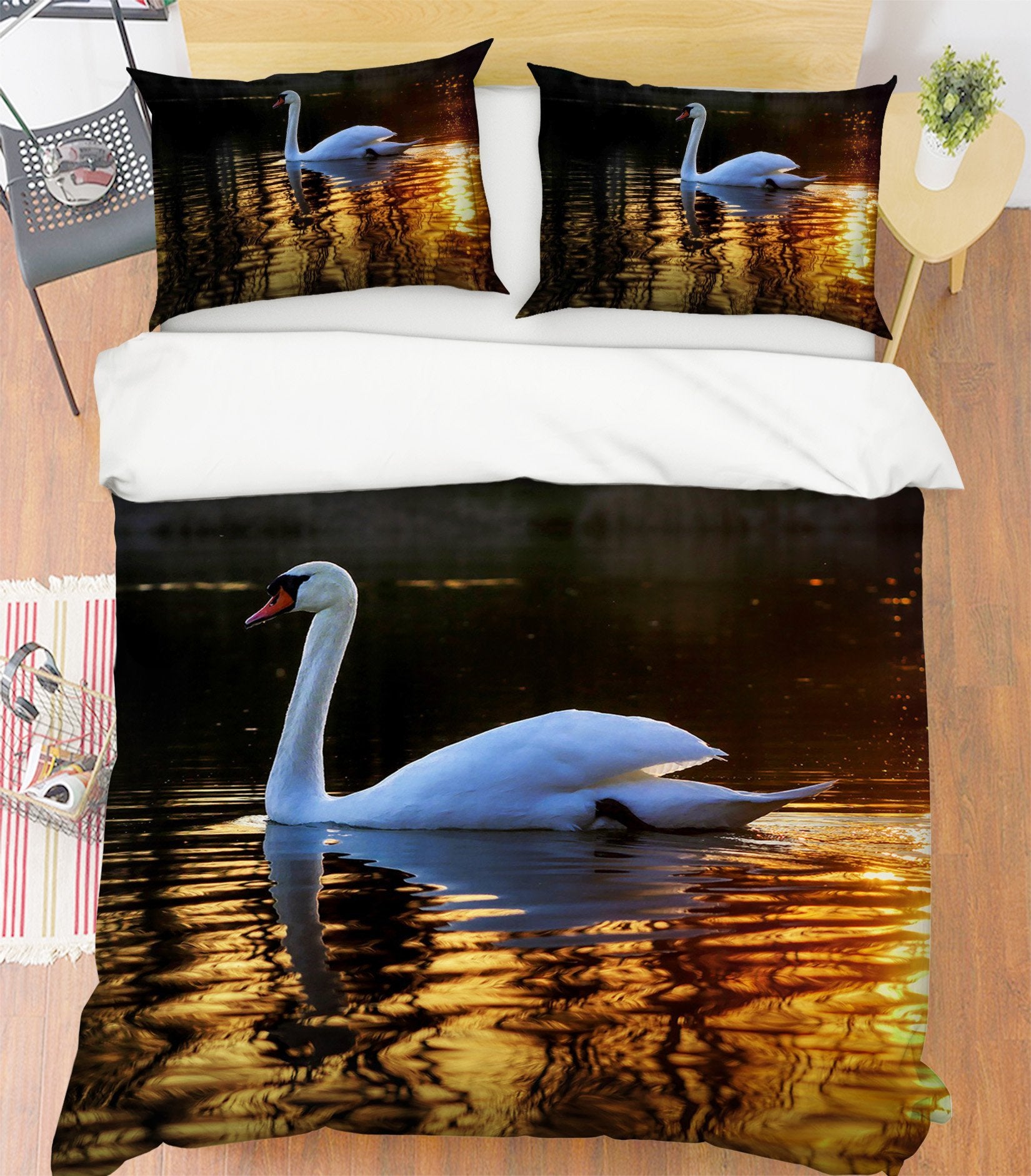 3D Swan Swimming 2000 Bed Pillowcases Quilt Quiet Covers AJ Creativity Home 