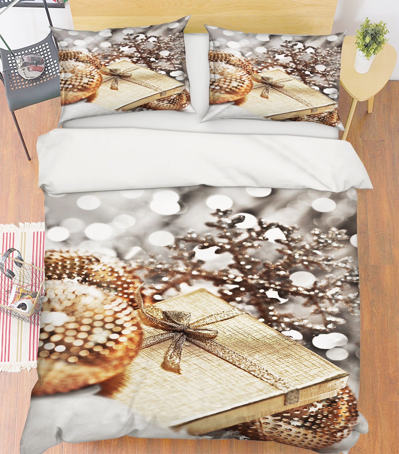 3D Golden Gift Box Silver Snowflake 52107 Christmas Quilt Duvet Cover Xmas Bed Pillowcases