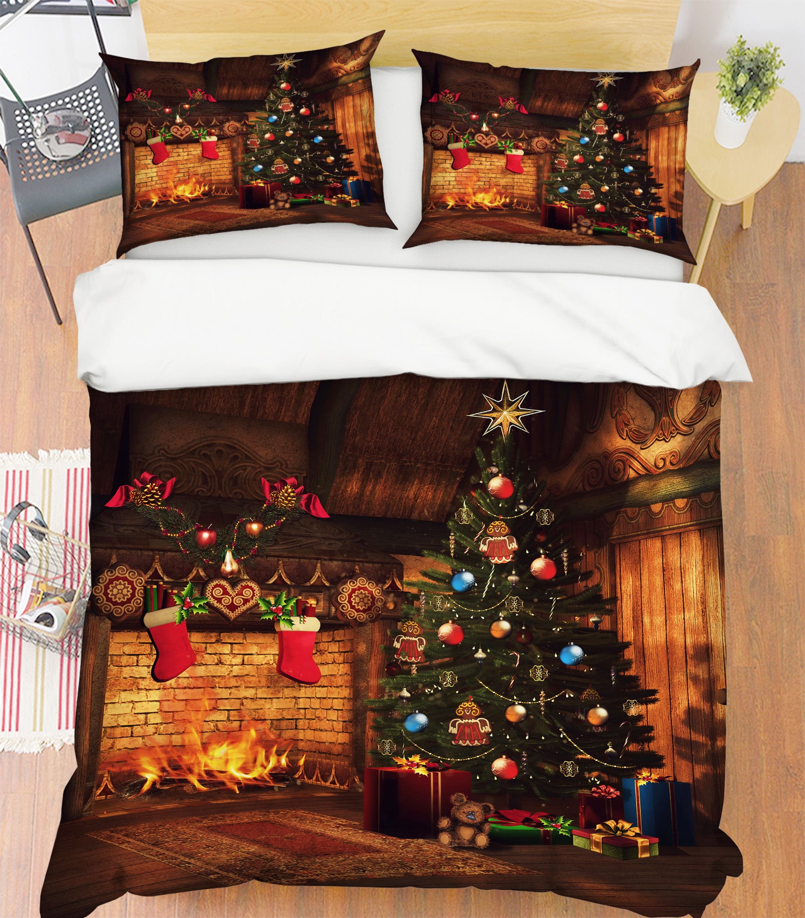 3D Fireplace Tree 52243 Christmas Quilt Duvet Cover Xmas Bed Pillowcases