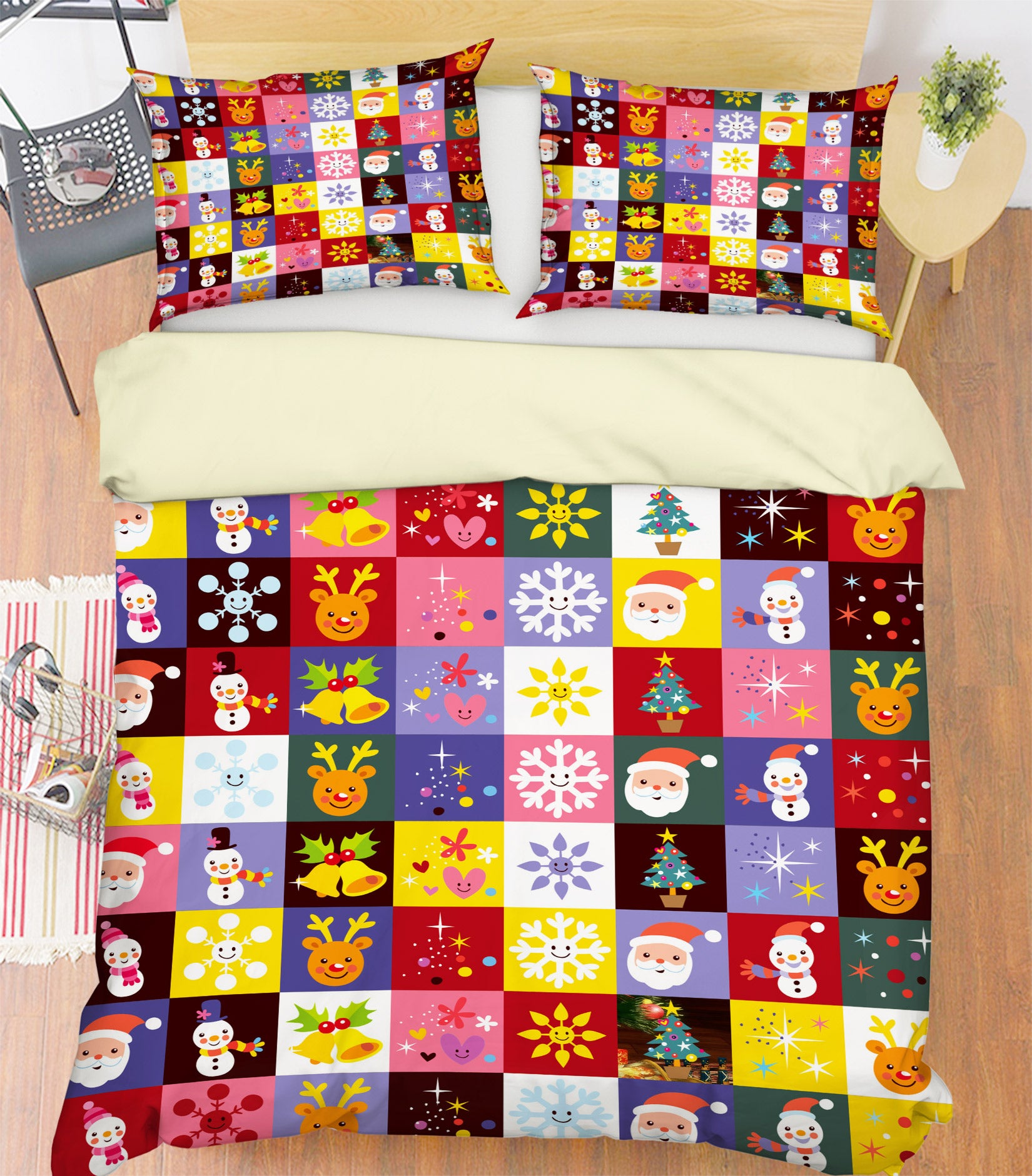 3D Colored Square Snow Deer 52103 Christmas Quilt Duvet Cover Xmas Bed Pillowcases