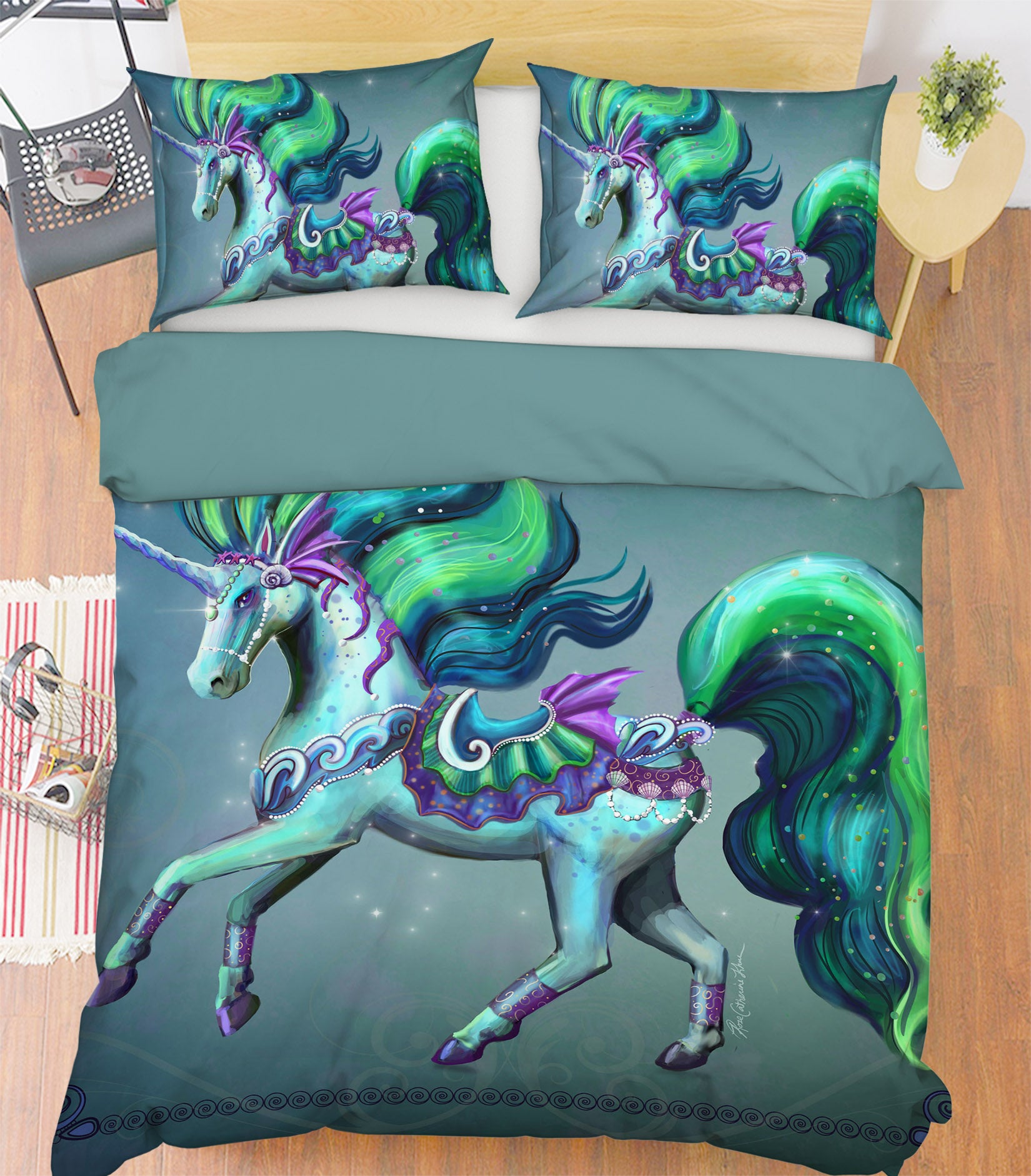 3D Green Unicorn 119 Rose Catherine Khan Bedding Bed Pillowcases Quilt