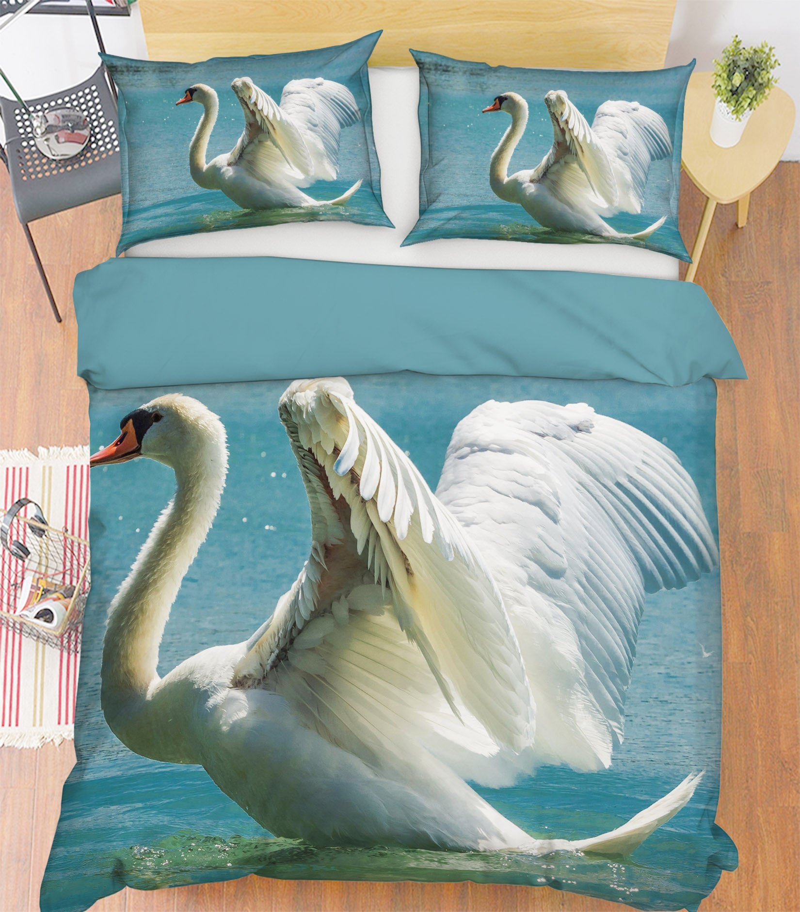 3D White Swan 1945 Bed Pillowcases Quilt