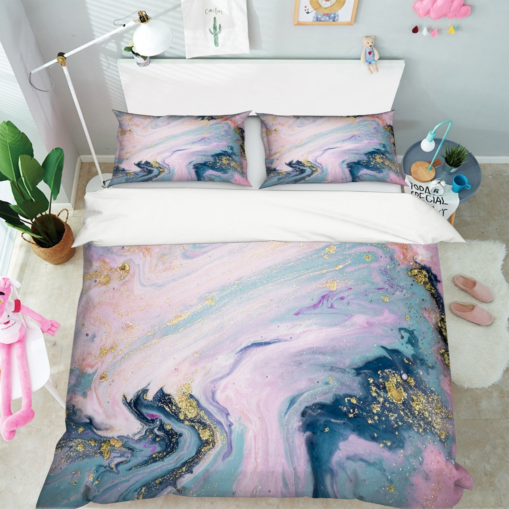 3D Abstract Blue Gold 066 Bed Pillowcases Quilt Wallpaper AJ Wallpaper 