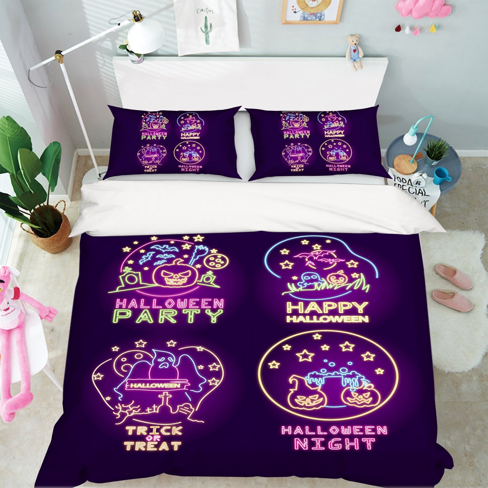 3D Fluorescent Pumpkin 1218 Halloween Bed Pillowcases Quilt Quiet Covers AJ Creativity Home 