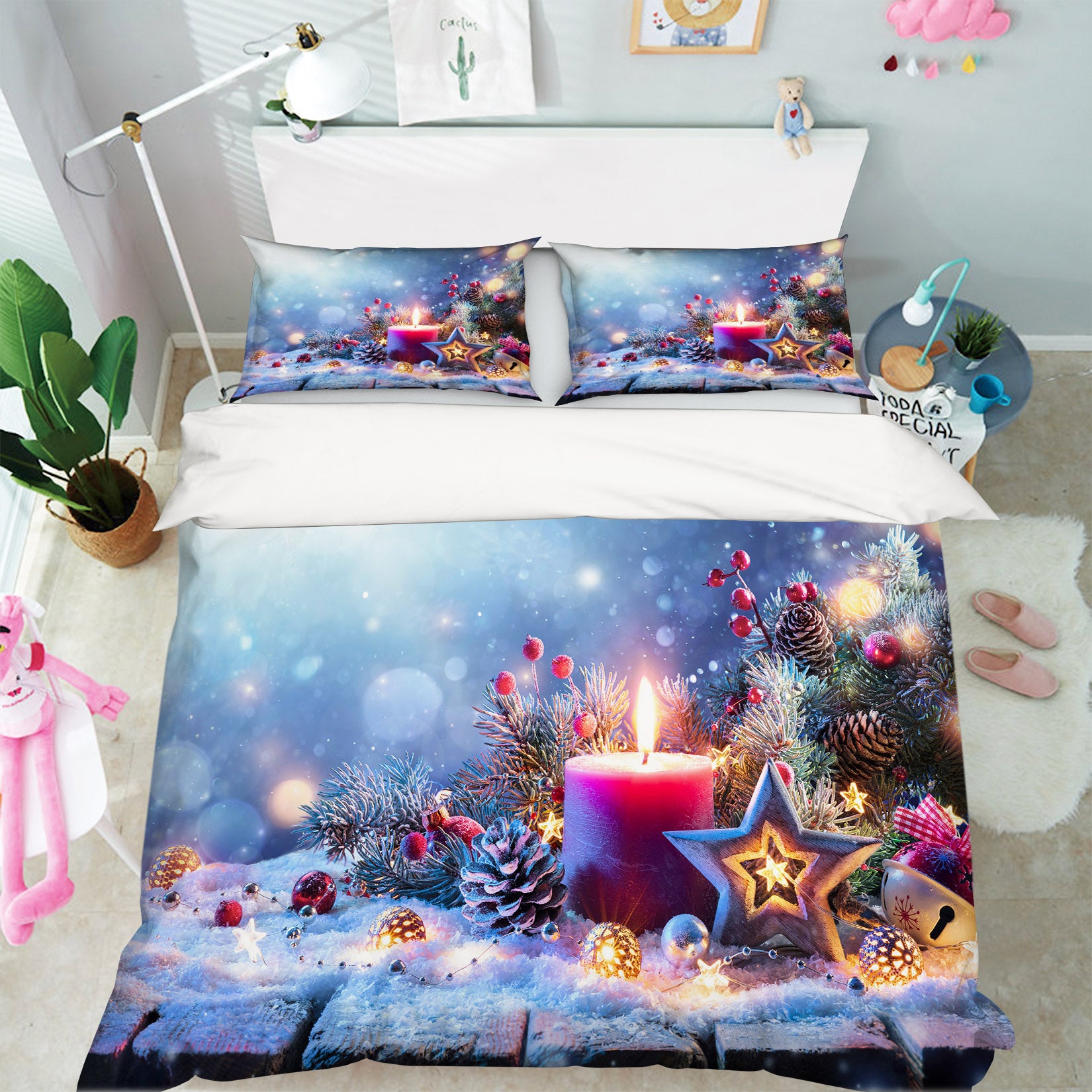 3D Candle Snow 53049 Christmas Quilt Duvet Cover Xmas Bed Pillowcases